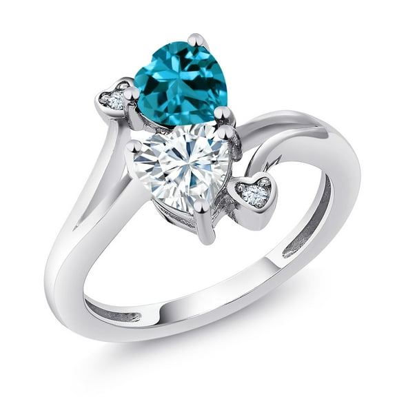 Gem Stone King 925 Sterling Silver London Blue Topaz White Moissanite Ring for Women (1.78 Cttw, Heart Shape 6MM, Gemstone November Birthstone, Size 8)