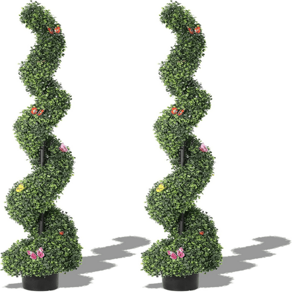 2 Pcs 5FT Artificial Spiral Boxwood Topiary Tree Fake Outdoor Topiary with Straw Bag for Front Door,Home,Office Decorate