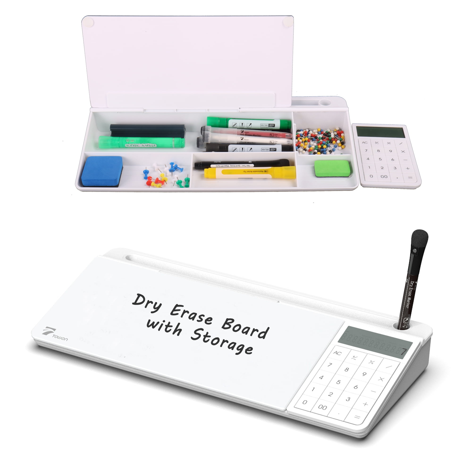 TOWON Desktop Glass Whiteboard w/ Calculator, Organizer, Dry Erase