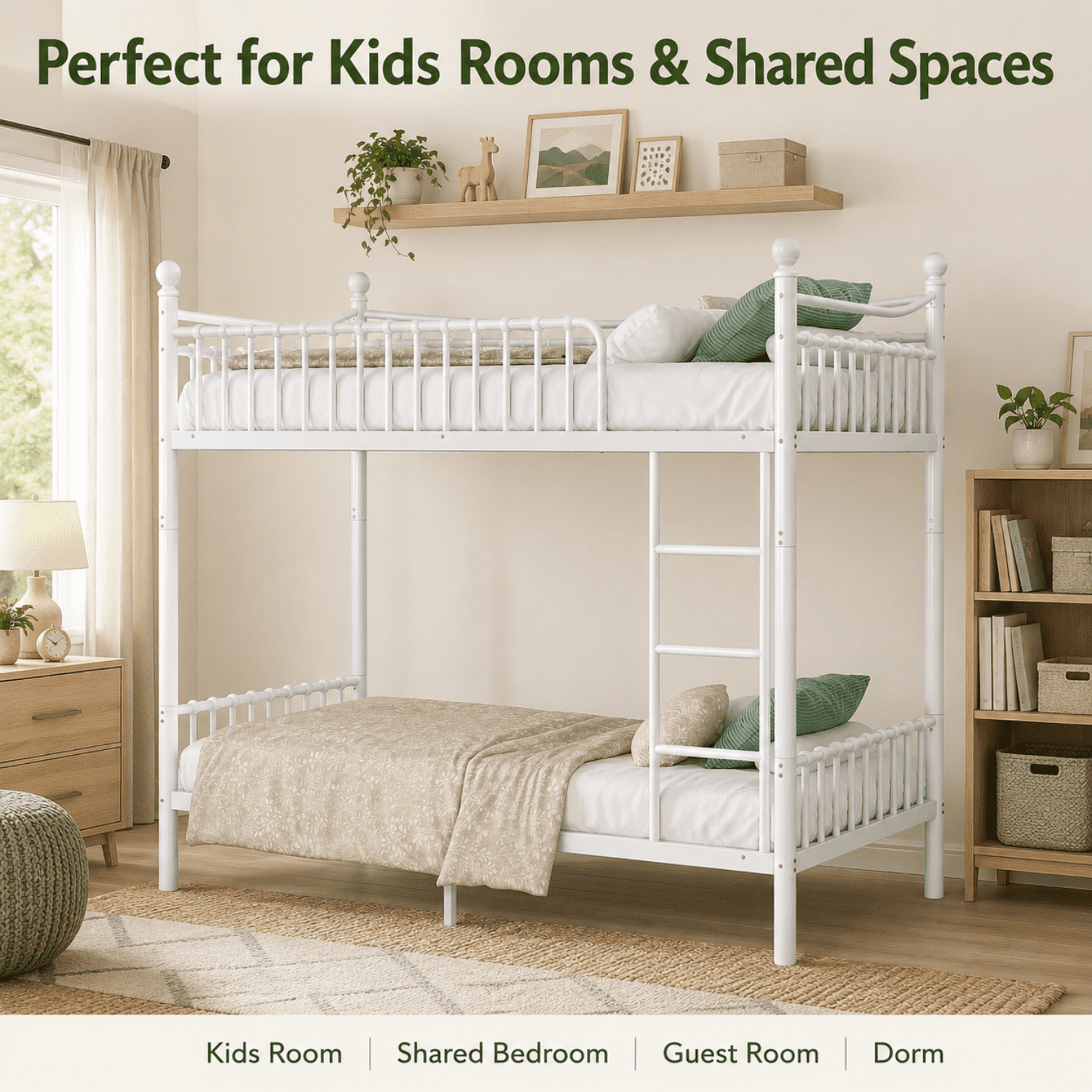 Miniyam Twin XL over Twin XL Metal Bunk Bed Frame with Curved Guardrails and Ladder, Space Saving Design, White