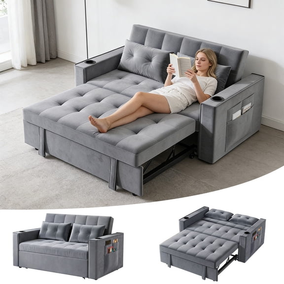 Xinwanna 3-in-1 Convertible Sofa Bed, Adjustable Backrest Pull Out Couch, Loveseat Sleeper Bed with Charging Station, Cup Holder, 2 Pillows, Side Pockets, for Living Room, Guest Bedroom, Apartment