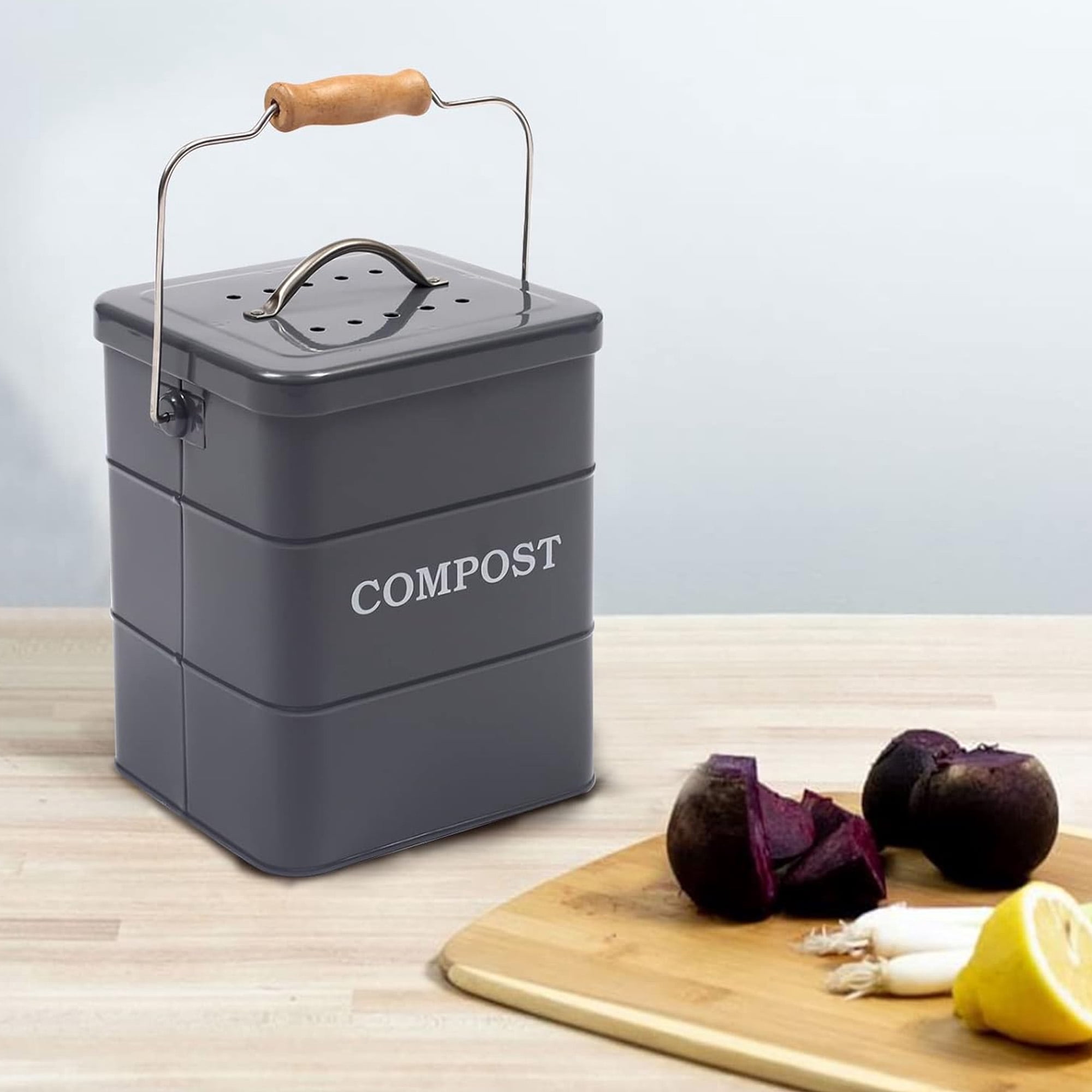 Pethiy Kitchen Compost Bin, 1 Gallon Countertop Compost Bin with Lid, Indoor Compost Bucket Includes Charcoal Filter, Small Compost Bin with Carbon Steel, Handles, Recycle Bin for Food Was