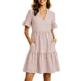 thumbnail image 2 of Guieoi Summer Dresses for Women Plus Size Striped V-Neck Pleated Casual Mini Beach Midi Dress with Pockets Brown XXL, 2 of 9