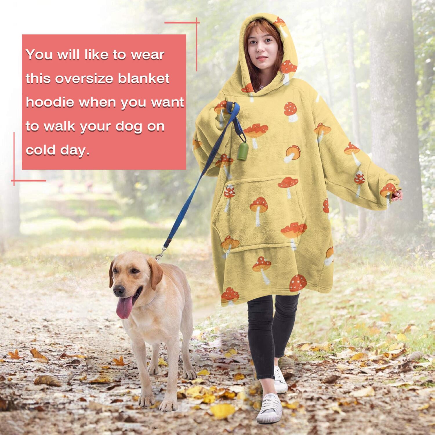 Red Mushroom Small Yellow Pattern Wearable Oversized Blanket,Wearable Blanket Hoodie for Adults,Cozy Hooded Blankets with Super Pockets,Super Warm Fuzzy Pullover for Women & Men