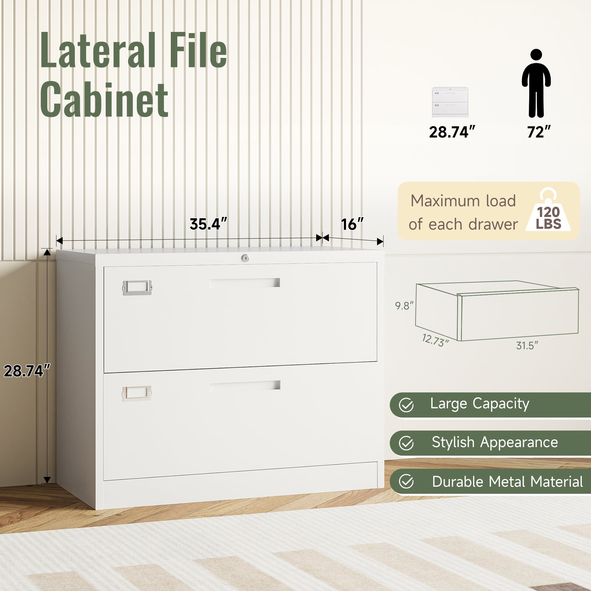 AUHUP 2 Drawer File Cabinet with Lock, Metal Lateral Filing Storage Cabinet Fits Letter/Legal/F4/A4 Size, File Cabinets for Home Office (White-Assembly Required)