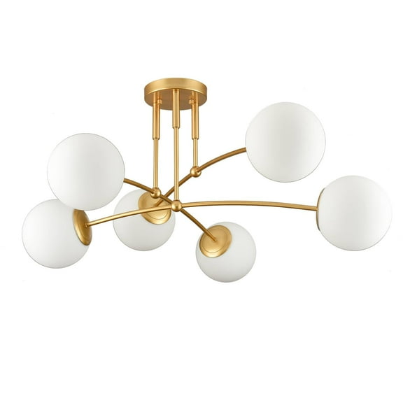 Claxy 6-Light Gold Semi Flush Mount Light with Globe Milk Glass Shade