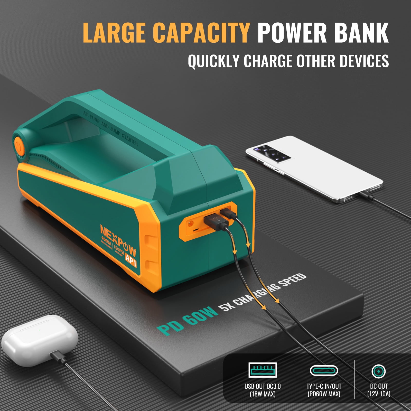 NEXPOW Jump Starter with Air Compressor, 4000A Car Battery Jump Starter, 150PSI Portable Tire Inflator, 12V Jump Box Battery Booster(All Gas/10L Diesel Engine), Green