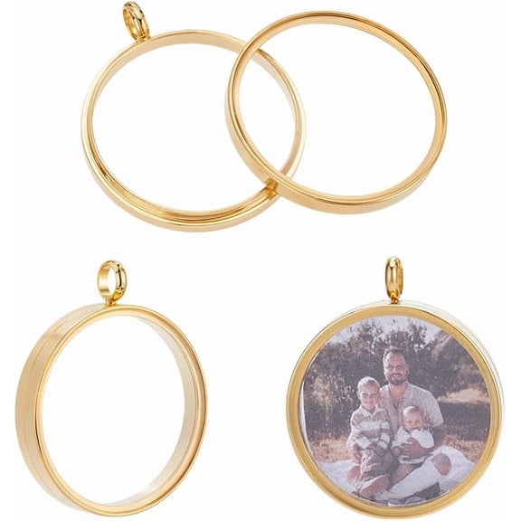 2Pcs Real 18K Gold Plated Memory Locket Charm Stainless Steel Glass Floating Charm Crystal Photo Frame Locket Pendants Flat Round DIY Picture Photo Charms