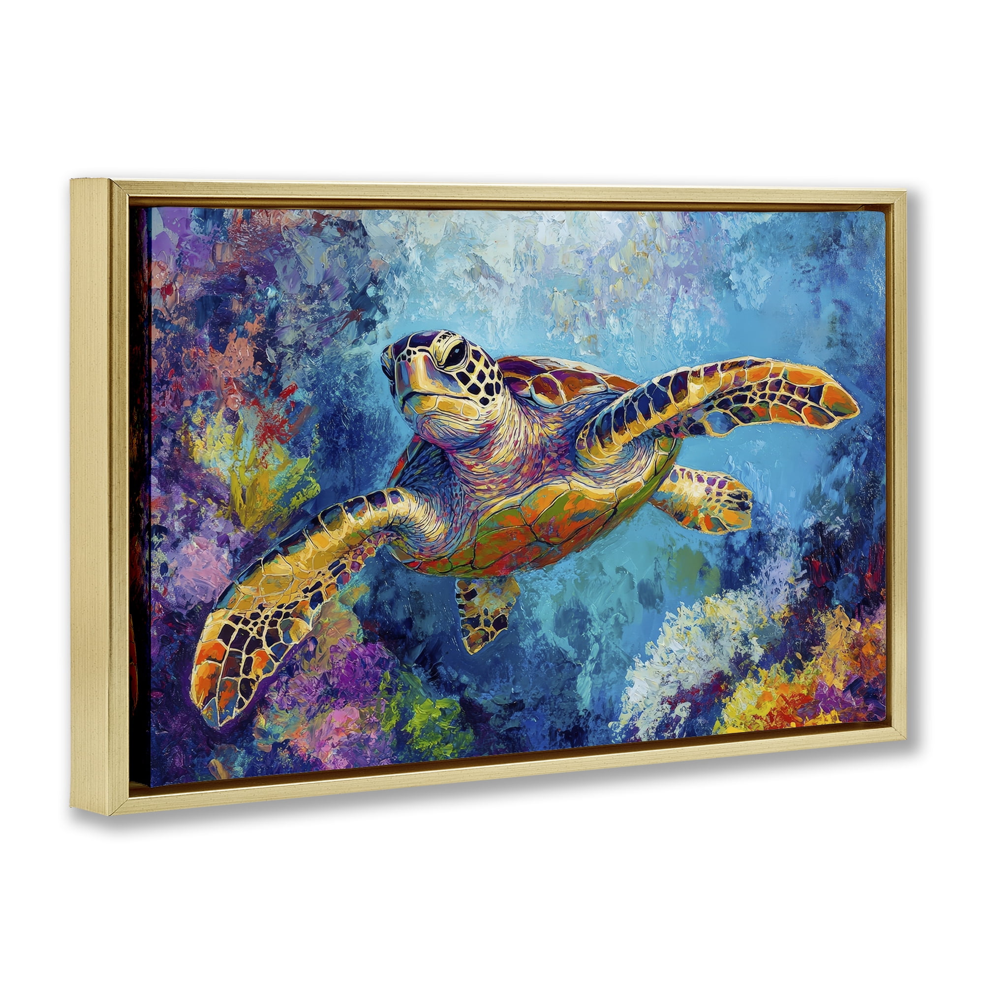 Stupell Industries Colorful Sea Turtle over Coral Gold Framed Floater Canvas Wall Art, design by Petal Prints Design