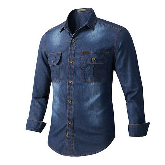 WTOBBY Men's Denim Shirt Long Sleeve Resort Wash Turn-Down Collar Button Front Casual Workwear Layering Piece Lightweight Jean Jacket Style Top,Dark Blue L