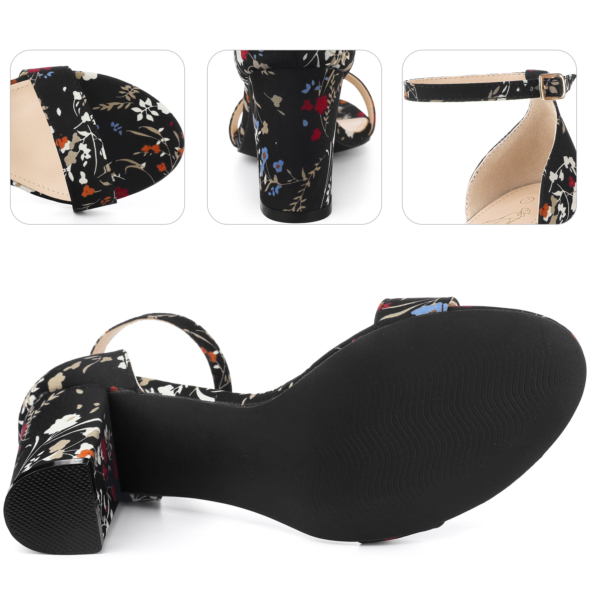 DARING DIVA Women's Floral Open Toe Ankle Strap Chunky Heel Sandals Black 7.5