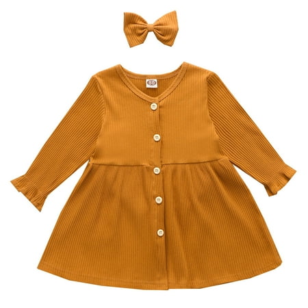 

GWAABD Matching Outfit for Girl Yellow Cotton Blend Girls Autumn Winter Long Sleeve Ribbed Dress Princess Dress Headbands Outfits 100