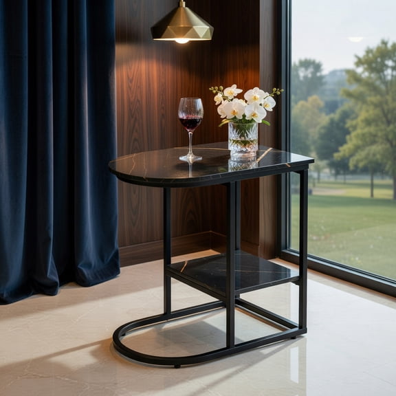 Resenkos C-Shaped Modern Sofa Table with Faux Marble Top and Lower Shelf, Black