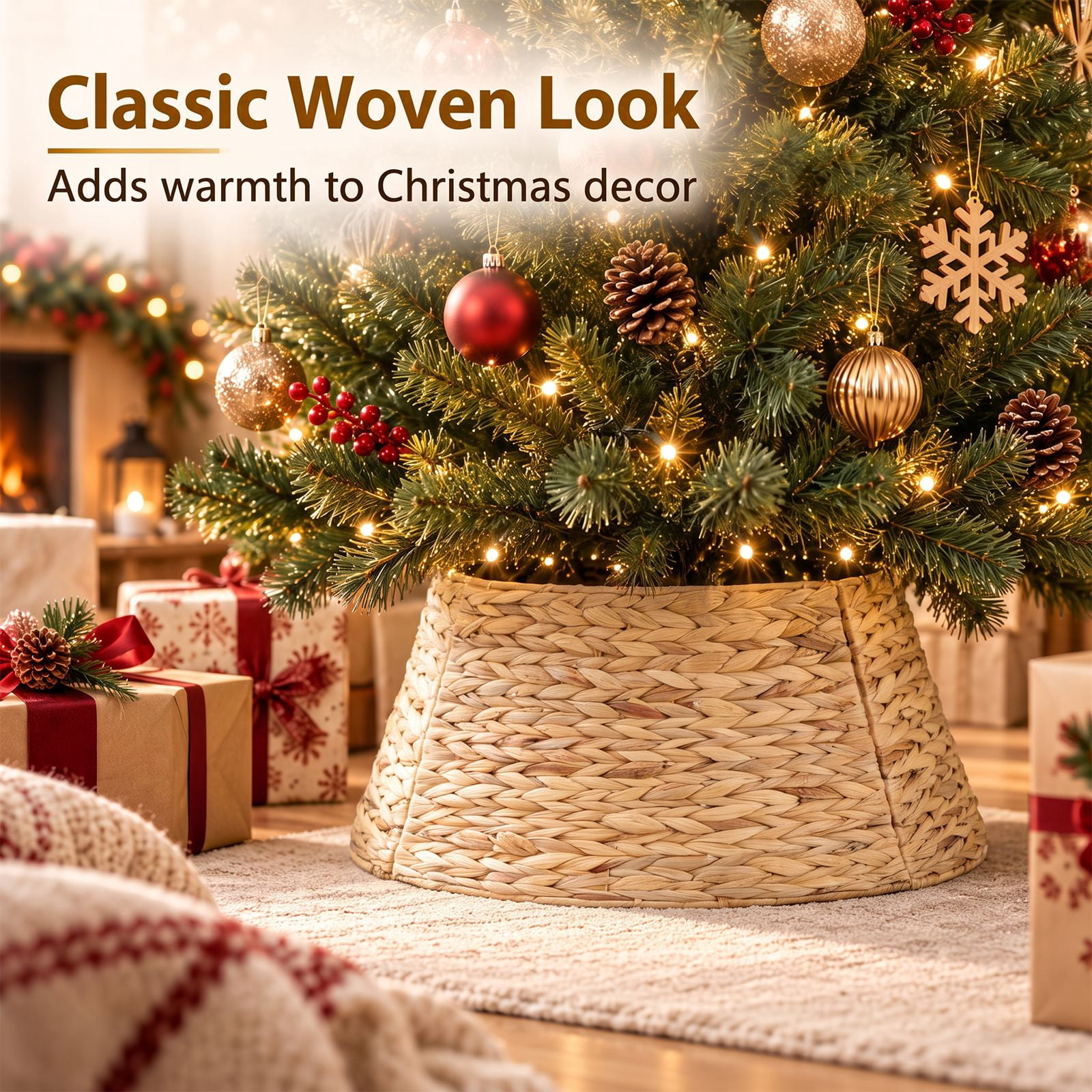 Alvantor Christmas Tree Collar, Woven Rattan Stand Cover with Cord Port, Yellow 36IN