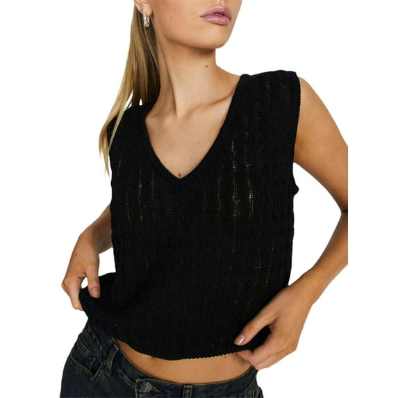 Liacowi Women Crochet Tank Tops Summer Solid Color Sleeveless V Neck Sweater Vest Knitted Crop Top Streetwear Club Wear