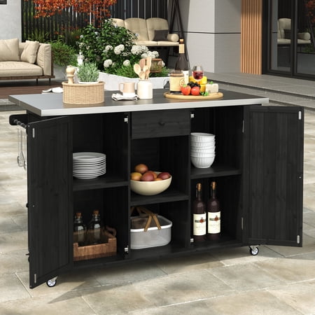 Harper & Bright Designs Outdoor Kitchen Island with Foldable Tabletop and Wheels Patio Rolling Cart Bar Table with Stainless Steel Top Ample Storage Space for Garden Black