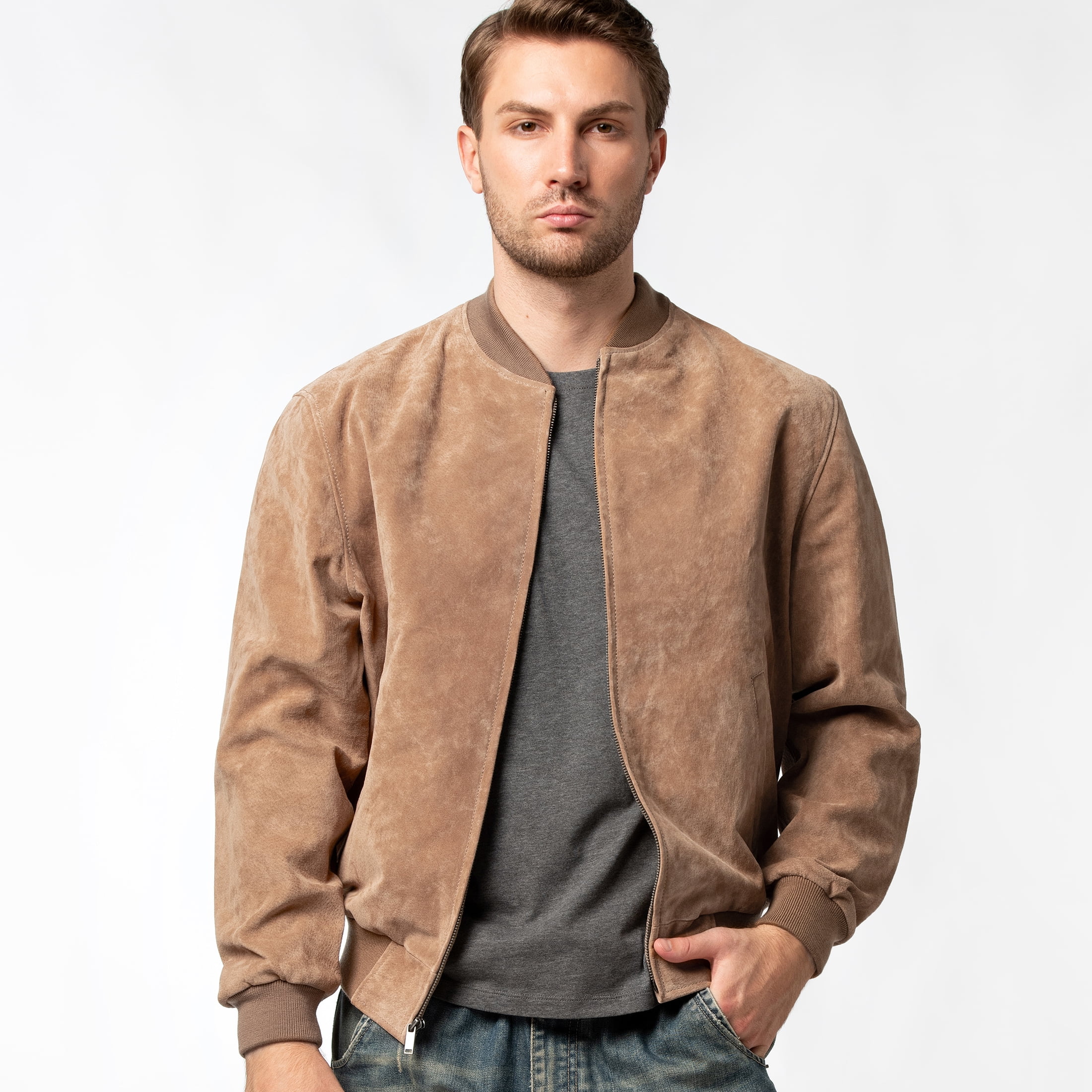 Men's Baseball Leather Jacket Vintage bomber Suede Jackets (S, Cognac)