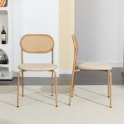 COSVALVE Set of 2 Boho Dining Chairs with Rattan Back, Upholstered Cane, Metal Legs