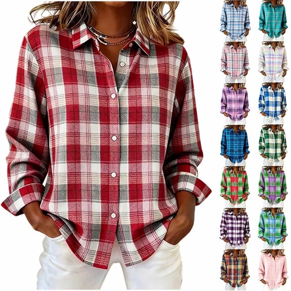 Luivaraty Womens Flannel Plaid Shirts Long Sleeve Blouse Soft Fashion Casual Button Down Lapel Outwear Tops,S-2XL