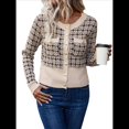 thumbnail image 3 of Blazer de A Cuadros para Mujer, Elegante, Informal, con Botones Al Frente, Cuello Redondo, Larga, Tejido Texturizado Albaricoque M, 3 of 10