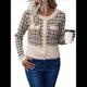 thumbnail image 3 of Blazer de A Cuadros para Mujer, Elegante, Informal, con Botones Al Frente, Cuello Redondo, Larga, Tejido Texturizado Albaricoque M, 3 of 10