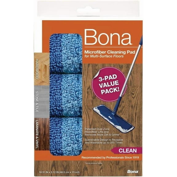 Bona 1017667 5.12 x 18.31 in. Cleaning Microfiber Mop Pad Blue - Pack of 3