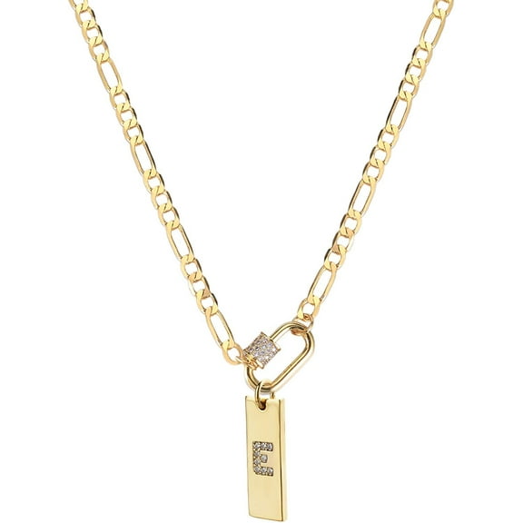 Giorgio Bergamo Gold Plated Trendy Micro Pave Clasp, Initial Bar Pendant on Figaro Chain, A- Z, 26 Letter Alphabet CZ Cubic Zirconia Mens Womens Necklace, E