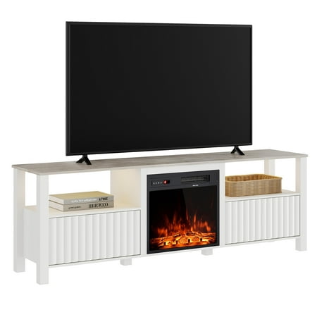 Fireplace TV Stand for TV's up to 75 Inch, LED Entertainment Center for 80 inch TV with Electric Fireplace, 70 inch, White