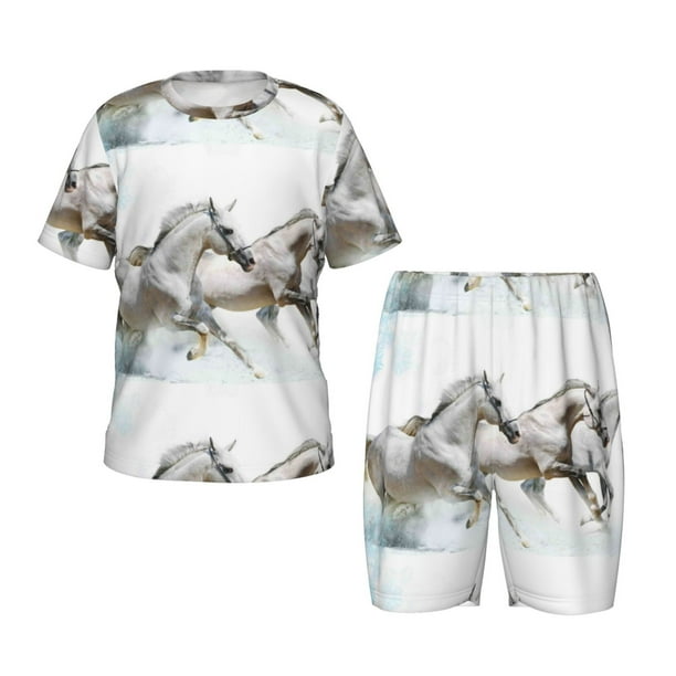 Fotbe Running White Horses Pijama Estampada de 2 Piezas para Niños – Ropa de Dormir de Manga Corta Cómoda para Niños y Niñas, Camiseta y Shorts de Algodón-Medium