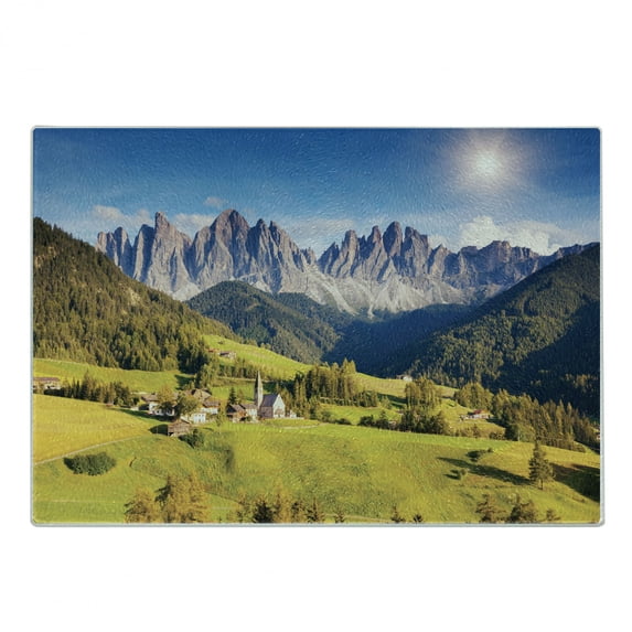 Mountain Cutting Board, Village View with Mountain Peaks and a Meadow Northern European Alps Art, Decorative Tempered Glass Cutting and Serving Board, Small Size, Grey and Green, by Ambesonne