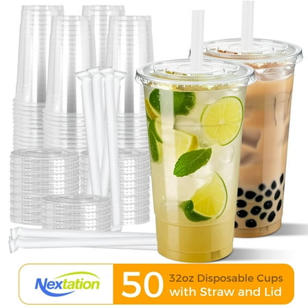 Nextation 50 Pack 32 oz Clear Plastic Cups with Lids and Straws, Disposable Cold Drink Cups for Party and To-Go Use