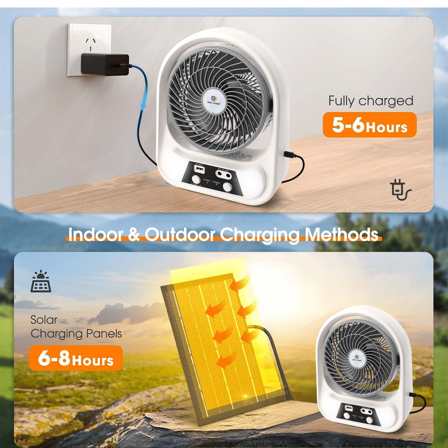 PUCACHI 8-inch Solar Camping Fan + LED Lantern - Solar/USB-C Dual Charging, Emergency Use