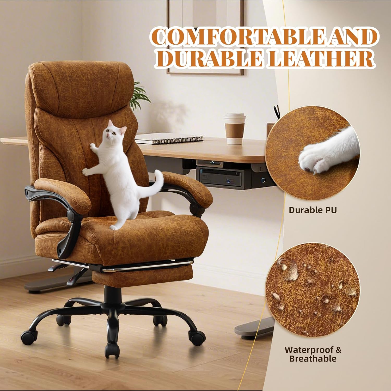 Ergonomic Executive Office Chair with High Back Support, Padded Armrests, Retractable Footrest, Wide Seat, and Heavy-Duty Swivel Base – Comfortable Computer Desk Chair for Home Office