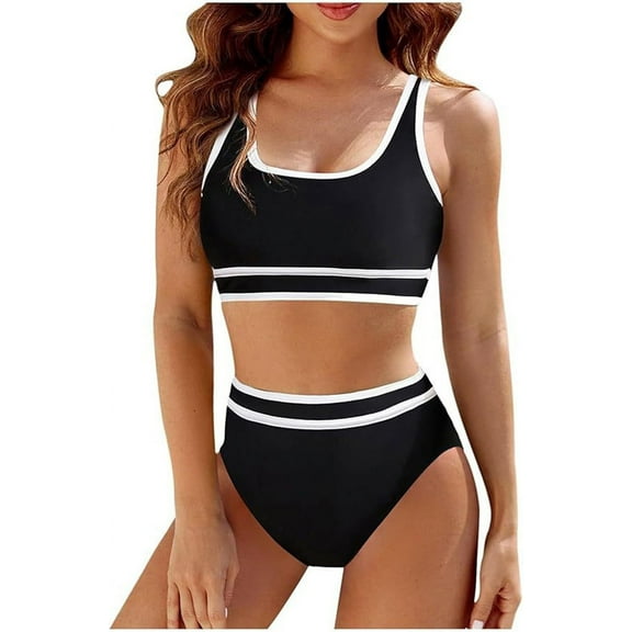 Women'S Bikini Sets Sporty Two Piece Swimsuits Color Block Cheeky High Cut Bathing Suits black S