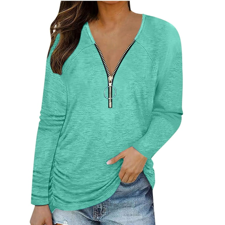 TIANEK Oversized Tshirts Shirts for Women V Neck Fall Green Long Sleeve  Womens Basic Tops 2023 Fashion Solid Zipper Pullover Casual Cool Loose Fit  Sleep Blouses 