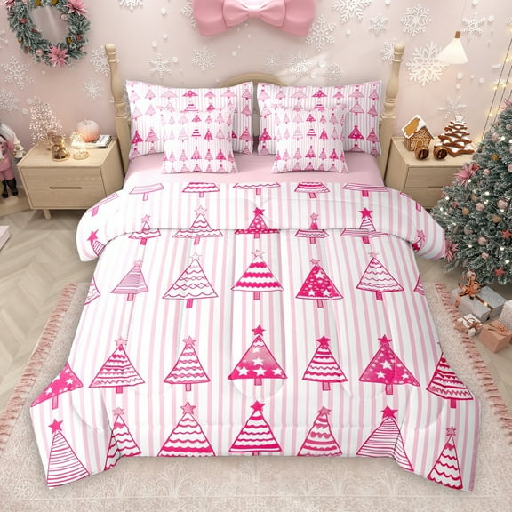 Manfei Cartoon Xmas Tree 7-Piece Twin Bedding Sets,Merry Christmas Bedding Comforter Set,Pink Geometric Striped Sheet Sets For Girls Kids,Super Cozy Room Decor Reversible