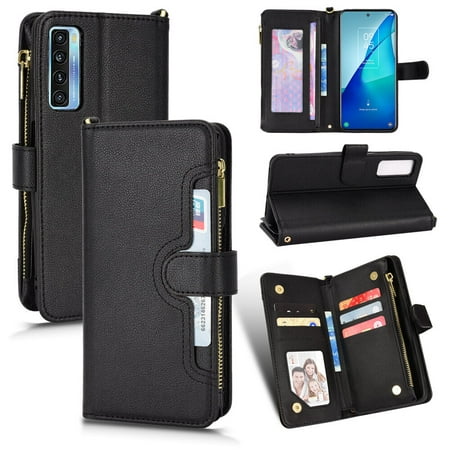 Case for TCL 20S/20 5G/20L Cover Zipper Magnetic Wallet Card Holder PU Leather Flip Case - Black