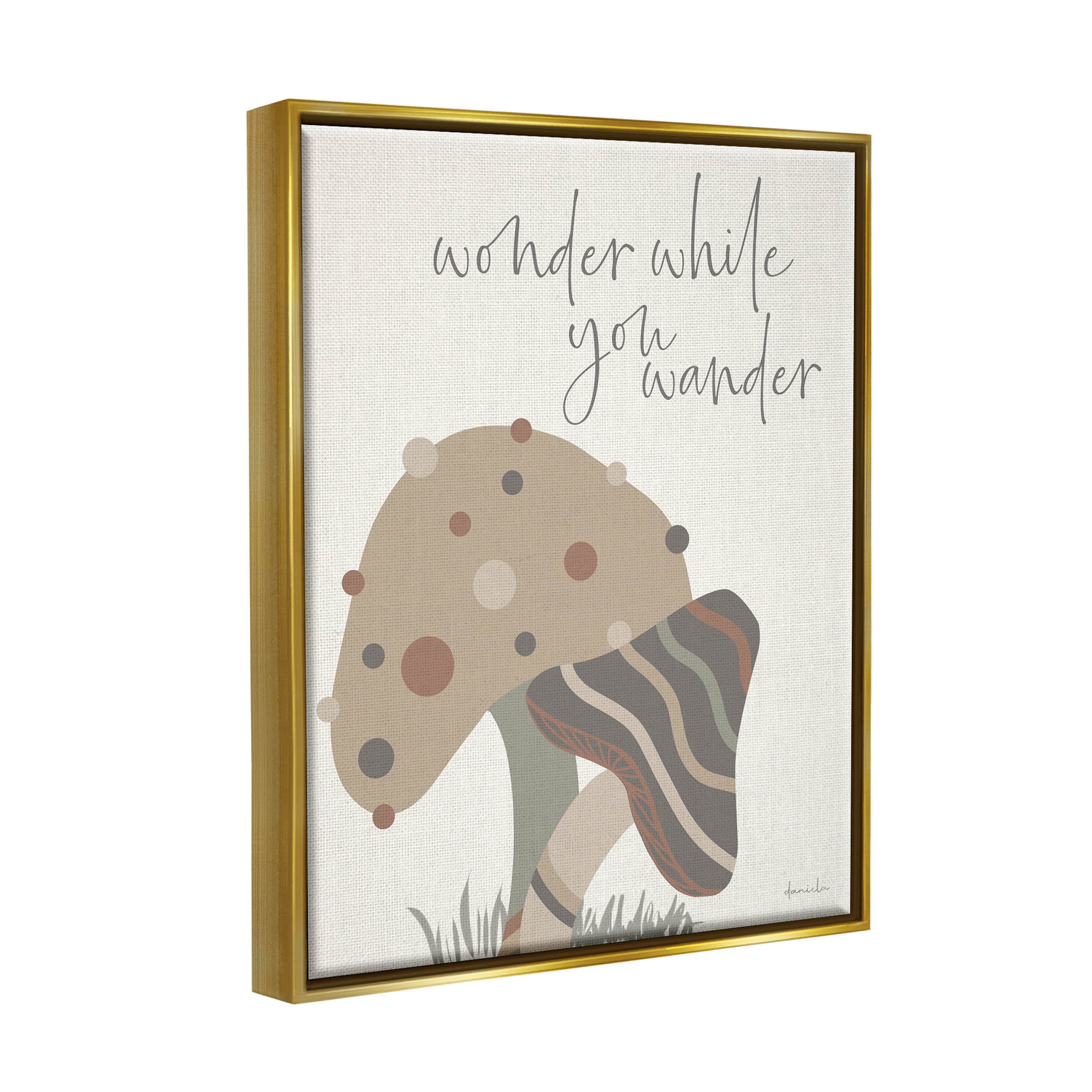Stupell Industries Wonder While you Wander Mushroom Graphic Art Metallic Gold Floating Framed Canvas Print Wall Art, Design by Daniela Santiago