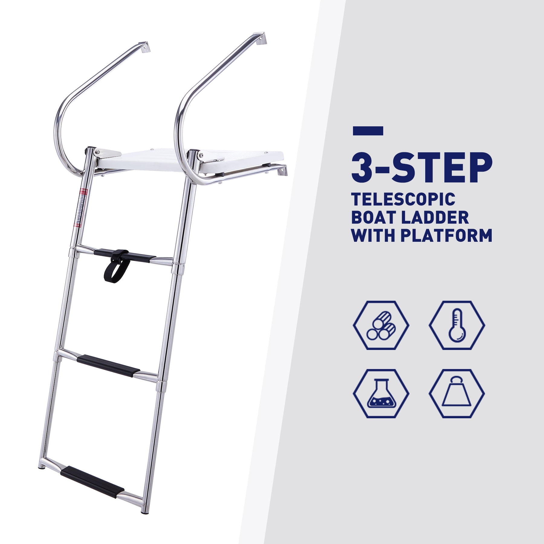 3Rung Telescoping Boat Ladder with Platform for Ship Pool Pontoon Dock