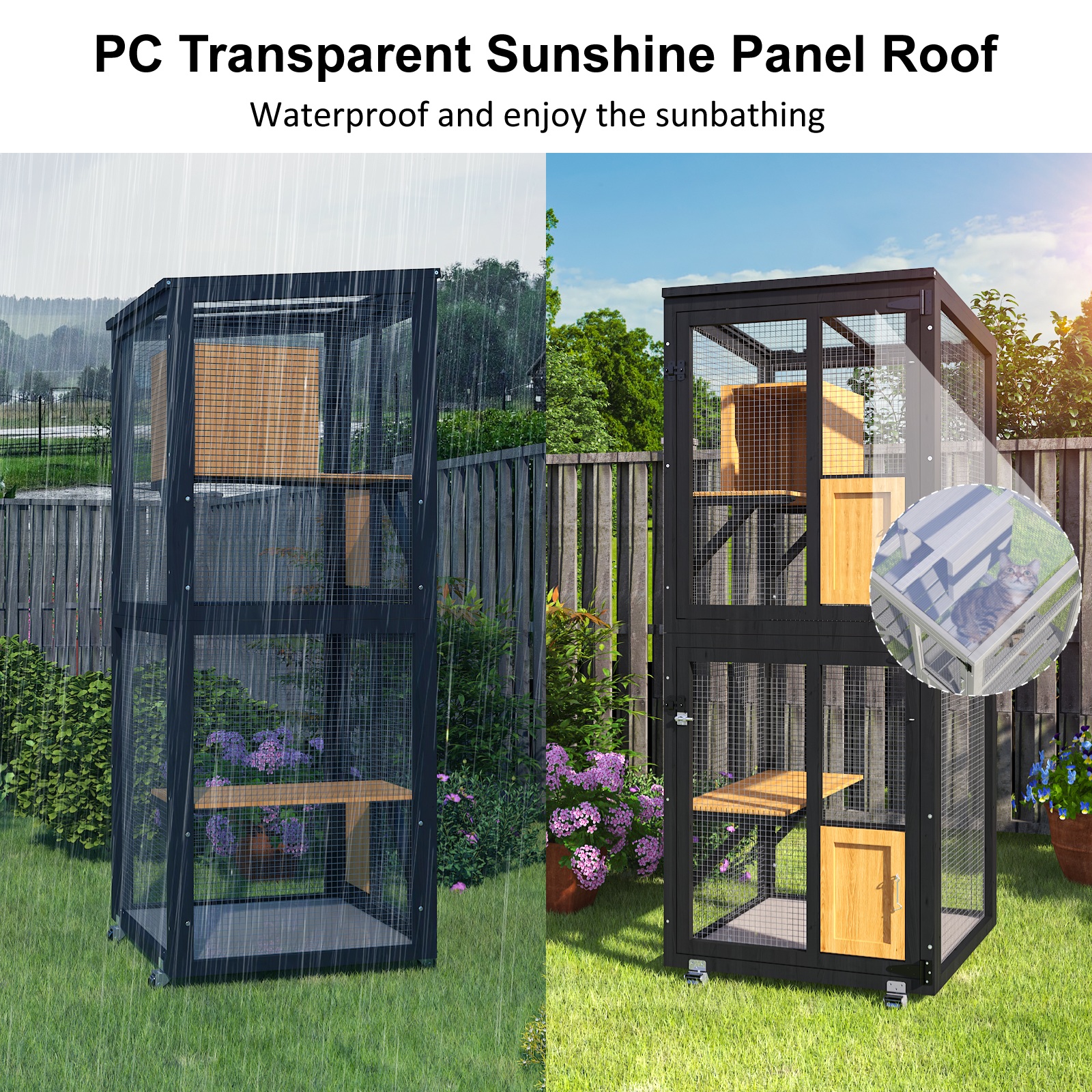 TIMHAKA Outdoor Cat Catio Enclosure, 4 Tiers Indoor Catio w/ Wheels, Resting Box, Waterproof Roof, Black & Yellow