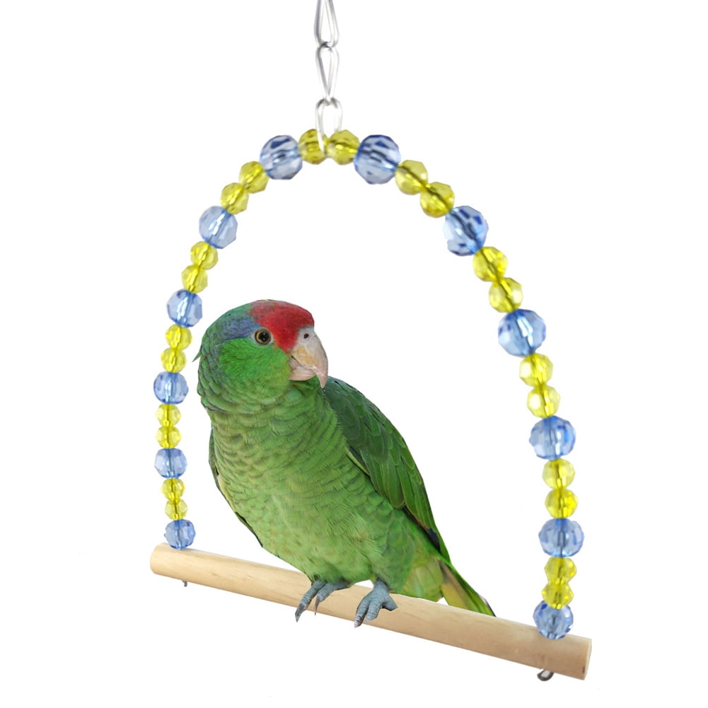 SPRING PARK Wooden Bird Parrot Swing, Birds Perch Hanging Swings Cage with Acrylic Beads, Hammock Swing Toy Bird Supplies for Small and Medium Bird