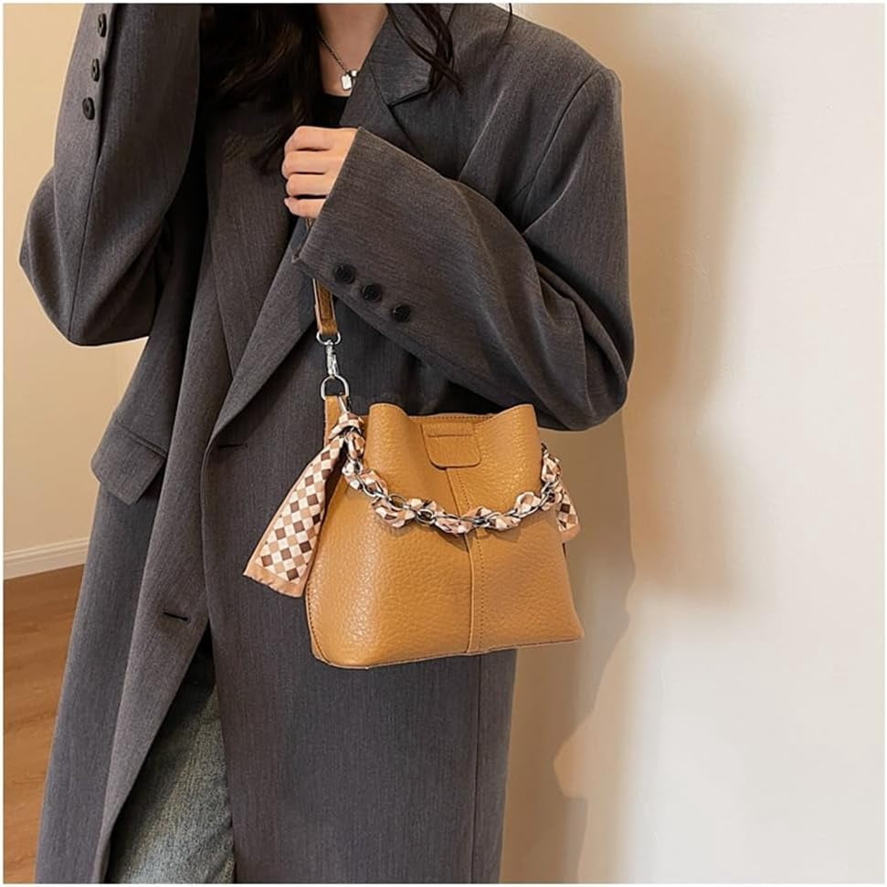 Leather Bucket Bag with Thick Chain for Women Hobo Bucket Bags and Purses Casual Crossbody Shoulder Bucket Handbag