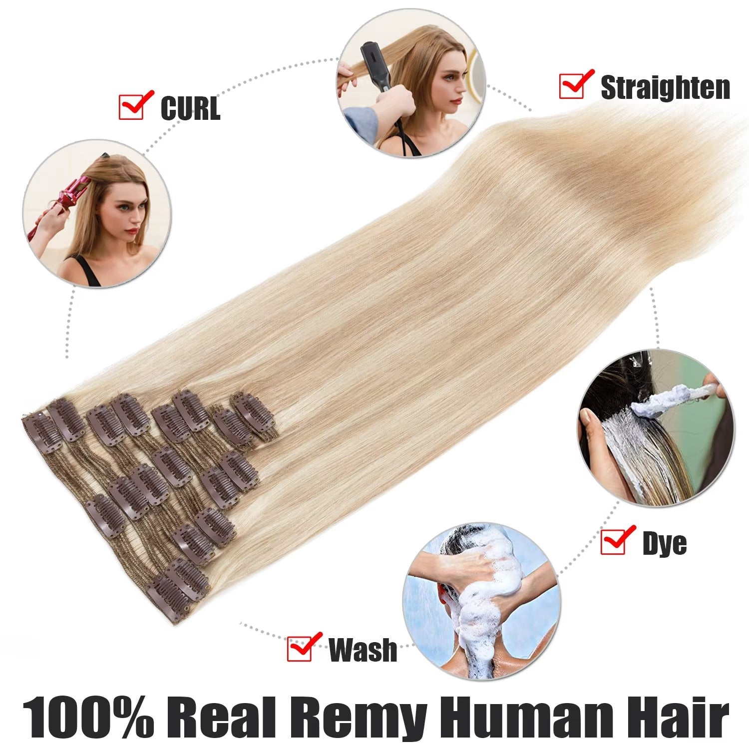 Benehair Thick Double Weft Clip In Real Remy Human Hair Extensions Full Head US highlight Soft 24inch/170g
