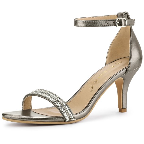 Sandalias con Correa de Tobillo Allegra K Diamante de Imitación Tacón de Aguja Gunmetal 37.5