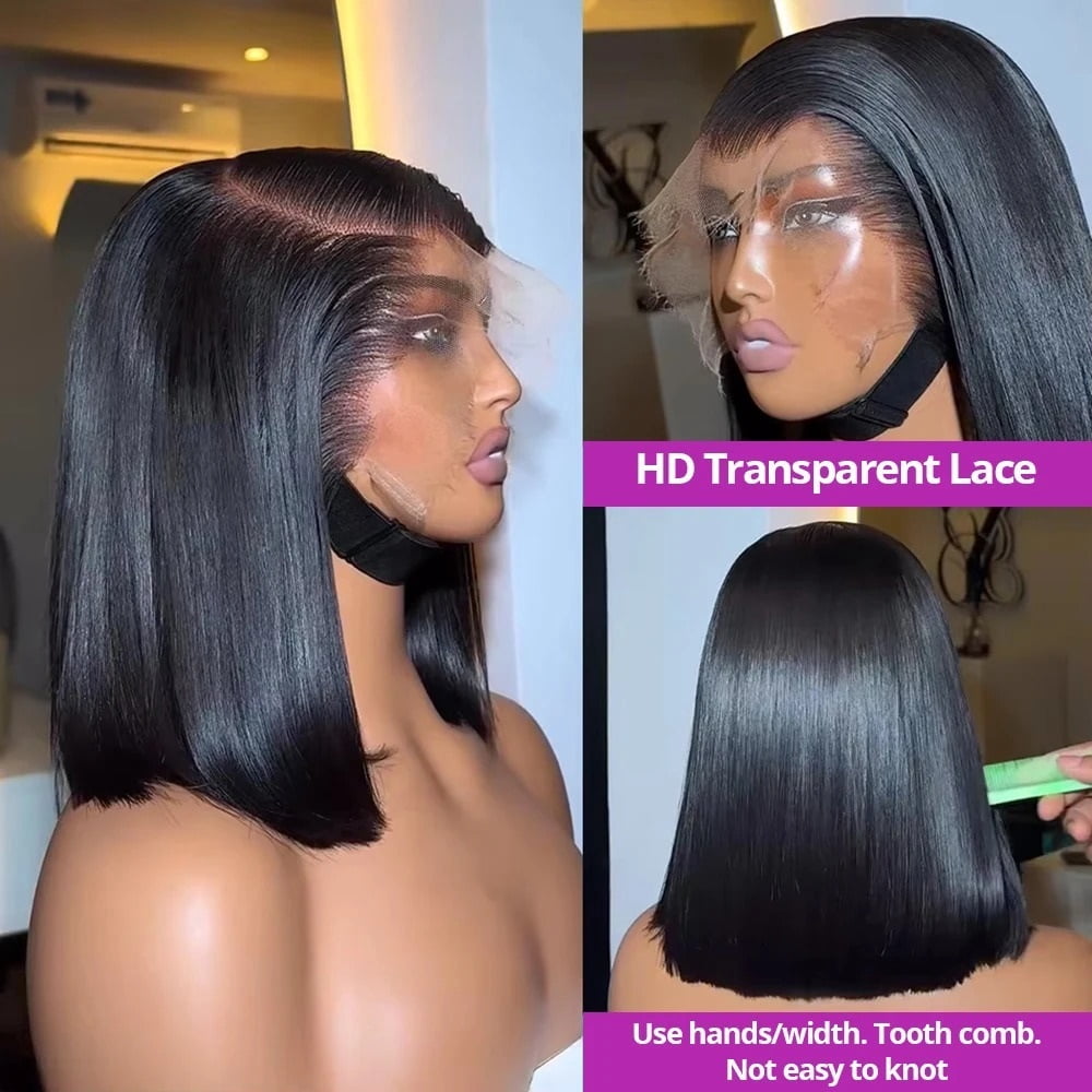 250% 13x6 Lace Frontal Wigs Silky Straight Human Hair Pre Cut Glueless HD Lace Front Bob
