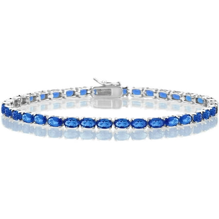 Created Blue Saphhire Gemstone Sterling Silver Tennis Bracelet, 7.5
