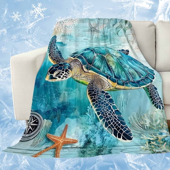 Turquoise Turtle Cooling Blanket,Lightweight Breathable Summer Throw Blanket with Double Sided Cold Effect,Farmhouse Coastal Starfish Seaweeds Picnic Blankets Bed Sheet for Hot Sleepers 40"x60"