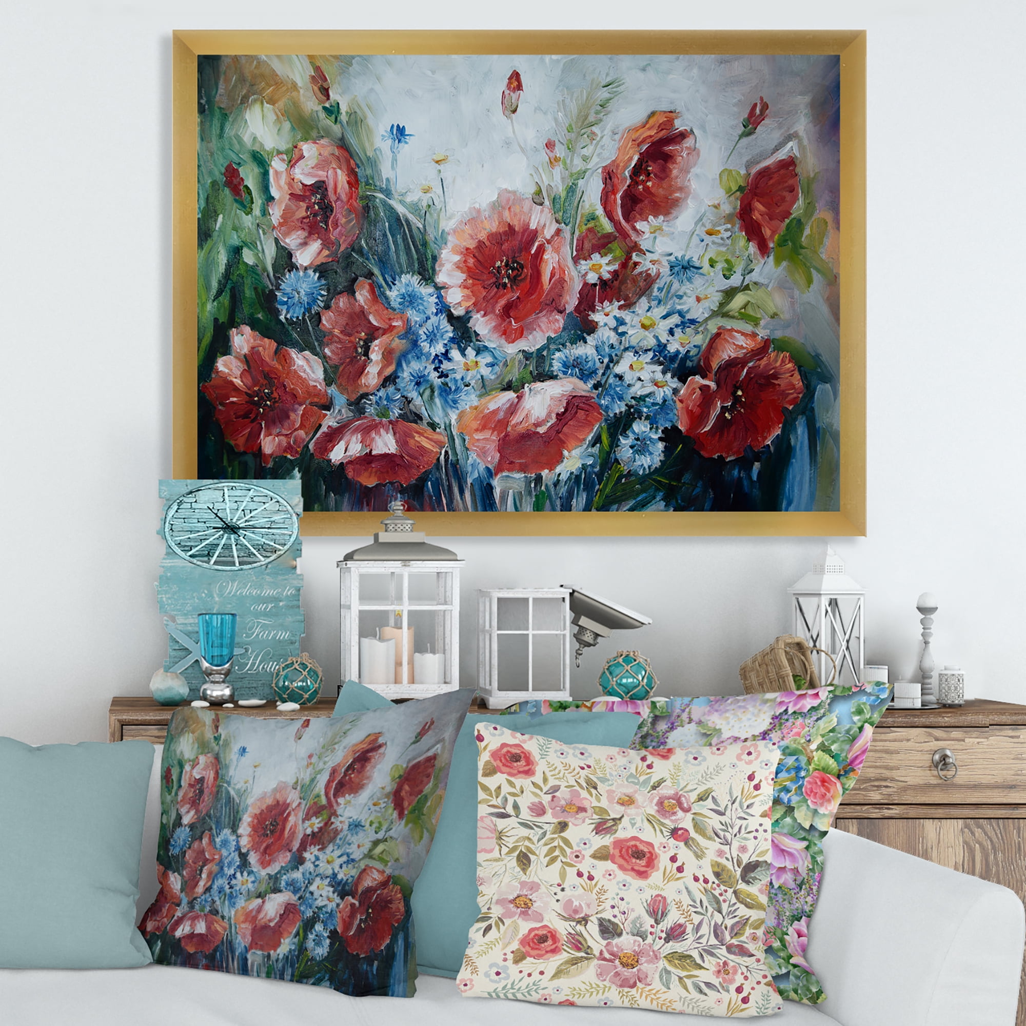 Designart 'Bouquet of Poppies Retro Style' Traditional Framed Art Print