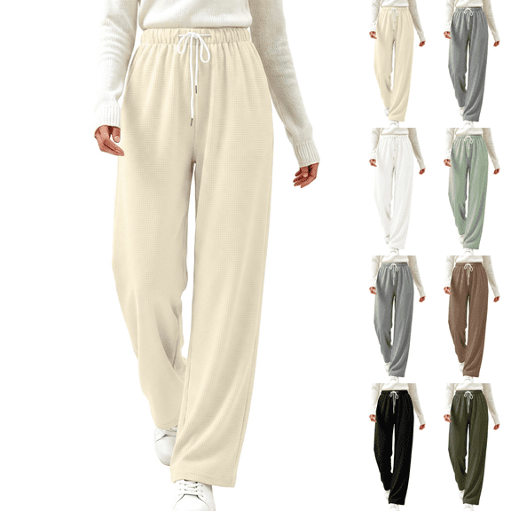 Sunnin Womens Waffle Knit Lounge Pants Drawstring Elastic Waist Slant Pockets Relaxed Straight Leg Trousers