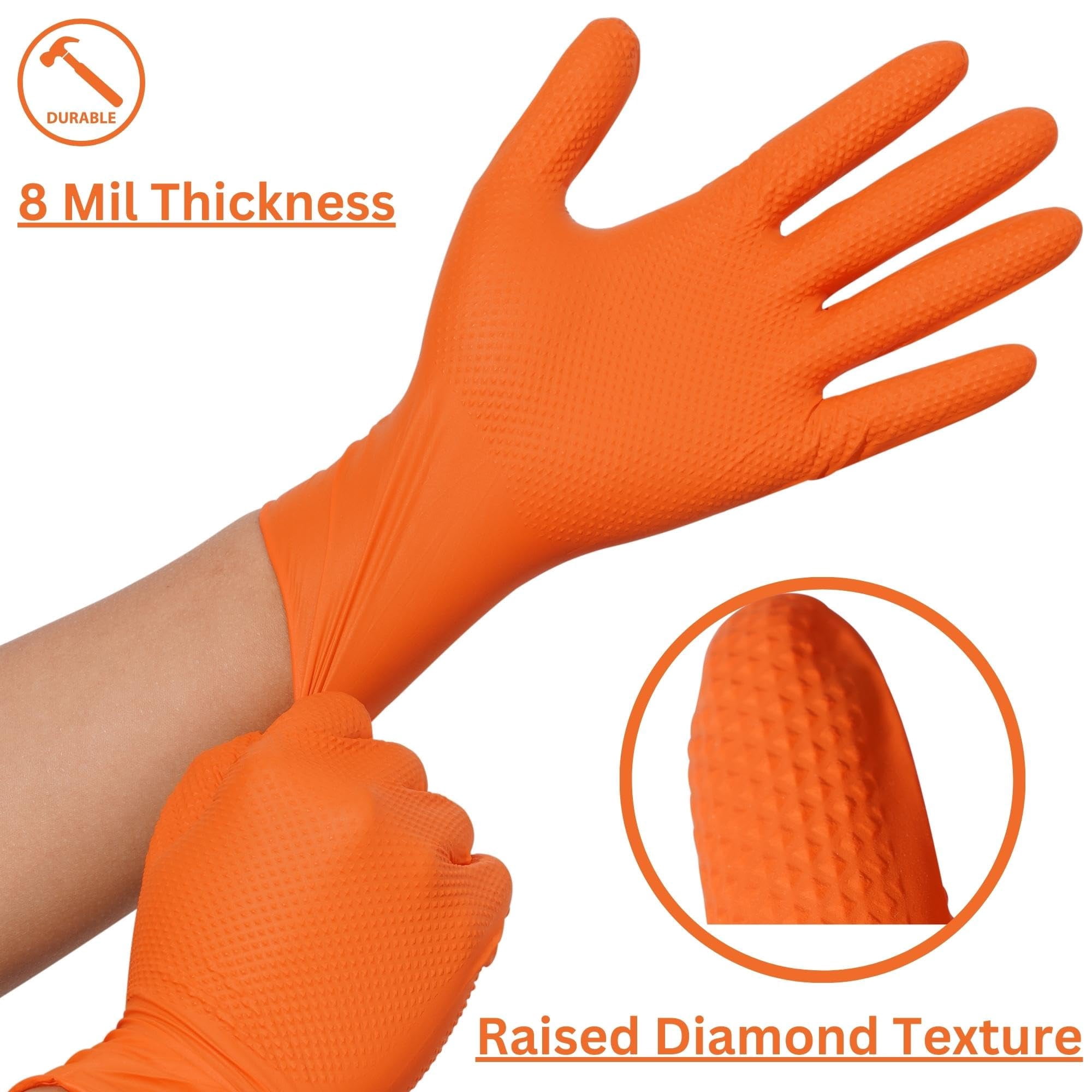 Industrial Orange Nitrile Gloves – Disposable Rubber Gloves 8 Mil – Raised Diamond Texture, Latex & Powder Free - Size Large, Pack of 1000